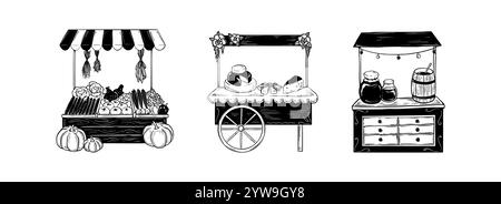 Set di bancarelle per il mercato locale disegnate a mano. Banco fiera degli agricoltori. Verdure, formaggi, Illustrazione Vettoriale