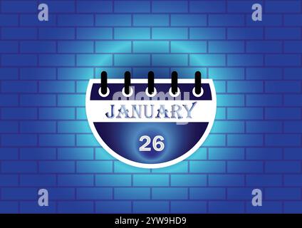 Gennaio 26 insegna del calendario su sfondo blu al neon. Design piatto. Data, giorno e mese. Illustrazione vettoriale. Illustrazione Vettoriale