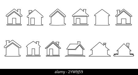 set di icone della linea iniziale, isolate su sfondo bianco. Simbolo delle icone della casa Illustrazione Vettoriale