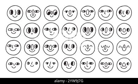 Set di facce Doodle. Facce astratte comiche sorridenti. Stile di disegno pastello. Caratteri diversi. Stile cartoni animati. Design piatto. Illustrazione alla moda disegnata a mano. Illustrazione Vettoriale