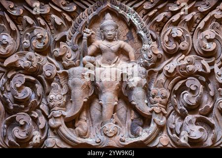 Incisioni sulle rovine del sito Khmer indù di Wat Phou, Muang, vicino a Pakse, provincia di Champasak, Laos; sud-est asiatico Foto Stock