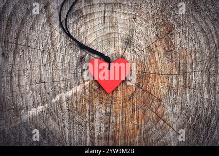 Un ciondolo rosso a forma di cuore appeso a una corda nera, sospeso su una superficie di legno con anelli visibili. Foto Stock