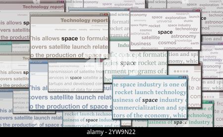 Finestre pop-up industria spaziale e ricerca sullo schermo del computer. Il concetto astratto dei titoli delle notizie su tutti i media mostra un'illustrazione 3D. Foto Stock