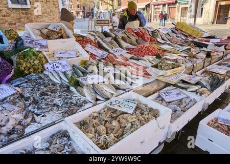Pesce fresco di vacca da vendere in un mercato giornaliero sulla piazza di campo santa margherita a Venezia in una giornata di sole d'inverno, Italia, Europa Foto Stock