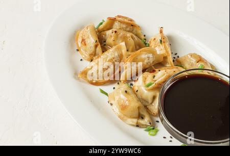 Gyoza fritti giapponesi, con maiale, semi di sesamo, cipolle verdi Foto Stock