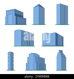 Si tratta di otto alti e moderni edifici su sfondo bianco. Vista dell'edificio dal basso. Illustrazione vettoriale isometrica. Illustrazione Vettoriale