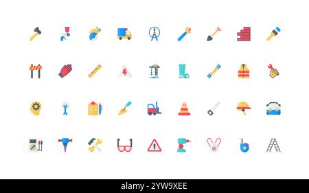 Festa del lavoro, attrezzature e strumenti di sicurezza, set di icone di colore per i lavoratori edili. Protezione della salute industriale e hardware di costruttore, occhiali e casco elementi piatti illustrazione vettoriale Illustrazione Vettoriale