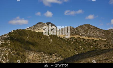 Paesaggio montano con colline boscose e cielo azzurro, costa nordoccidentale, Karpathos, Dodecaneso, isole greche, Grecia, Europa Foto Stock