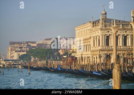 Gondole distese in acqua di fronte al palazzo dei dogi in una mattinata nebbiosa all'alba a Venezia in inverno, Italia, Europa Foto Stock