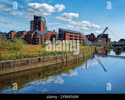 UK, West Yorkshire, Leeds, Aire e Calder Navigation guardando attraverso North Fearns Island verso Knights Way Bridge e Roberts Wharf. Foto Stock