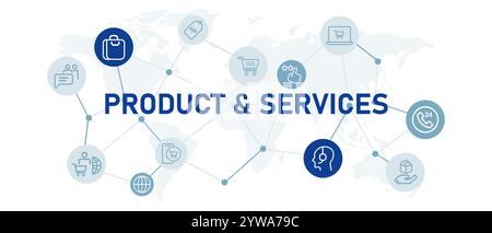 Prodotti e servizi settore di produzione di beni per azienda intestazione Web con banner Icon Flat Global Interconnected Icon in tutto il mondo Illustrazione Vettoriale