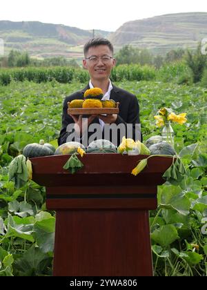 Yinchuan. 10 dicembre 2024. Questa foto scattata nell'agosto 2024 mostra ma Liang che promuove le zucche della sua città natale in un terreno agricolo nella contea di Xiji, nella regione autonoma Ningxia Hui della Cina nord-occidentale. PER ANDARE CON "Across China: La promozione video alimenta l'e-commerce la rivitalizzazione rurale" credito: Xinhua/Alamy Live News Foto Stock