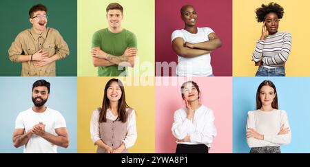 Collage fatto di ritratti di diversi giovani, uomini e donne di diversa nazionalità, che posano con sorriso su sfondo multicolore Foto Stock