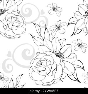 Bellissime rose e anemoni vintage, opere d'arte retrò. Motivo di peonie senza cuciture, sfondo. Romantico fiore primaverile per cartoline, matrimoni, saluti Illustrazione Vettoriale