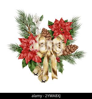 Il ramo di mirtilli di Natale, poinsettia e abete rosso con coni e arco e campane dorati composizione acquerello su bianco. Illustrazione disegnata a mano per i design di Capodanno e delle vacanze invernali, stile realistico. Foto Stock