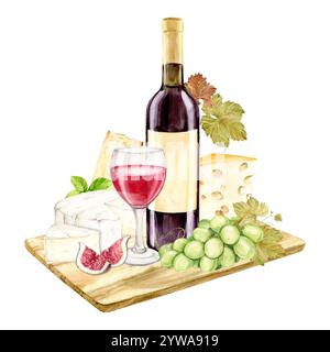 Vino rosso e snack serviti su una tavola di legno. Bottiglia, bicchiere, uva verde, formaggio brie e cheddar e fichi. Composizione per il menu del ristorante o per il design della lista dei vini. Clipart in stile rustico. Foto Stock