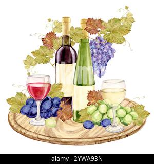 Vino rosso e bianco e spuntino serviti su una tavola di legno. Bottiglia, bicchiere, uva verde, formaggio brie e cheddar e fichi. Composizione per il menu del ristorante o per il design della lista dei vini. Clipart in stile rustico. Foto Stock