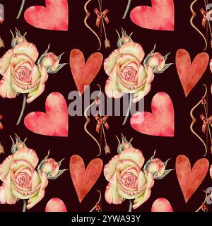 Cuori rossi e rosa, rose, fiocco e freccia con fiocco piccolo motivo senza cuciture sul nero. Per tessuti, tessuti, confezioni e biglietti per San Valentino, Festa della donna e Festa della mamma. Foto Stock