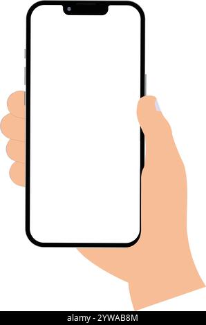 Telefono cellulare in mano, mani che tengono il cellulare, smartphone con mano, smartphone con mano, cellulare vuoto, sfondo mobile bianco Illustrazione Vettoriale