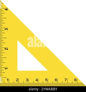 Nastro di misurazione, nastro triangolare giallo, scale in pollici e cm, nastro di misurazione su misura, strumento di misurazione giallo Illustrazione Vettoriale