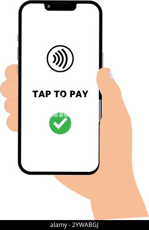 Tocca per pagare in cellulare, icona di pagamento NFC, pagamento senza contatto, pagamento wireless con telefono, tecnologia NFC in cellulare, icona di pagamento con carta, pagamento con smartphone Illustrazione Vettoriale