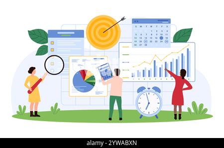 Il team analizza i dati con grafici di grandi dimensioni, un calendario e un target. La scena include grafici, una lente d'ingrandimento e una sveglia, che enfatizza l'illustrazione vettoriale del raggiungimento degli obiettivi strategici Illustrazione Vettoriale