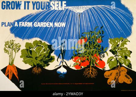 American, WW2, Food Production poster: Grow IT Yourself, Plan A Farm Garden Now di Herbert Bayer, 1941-1943 Foto Stock