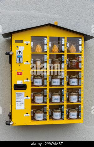 Distributore automatico di miele in una casa nel porto di Deutz, Colonia, Germania. Honigautomat an einem Haus im Deutzer Hafen, Koeln, Deutschland. Foto Stock