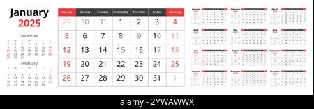calendario 2025. Set vettoriale di calendari mensili inglesi. Inizia il progetto con domenica Illustrazione Vettoriale