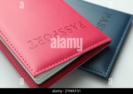 Passaporti con copertine a colori su sfondo chiaro, primo piano Foto Stock