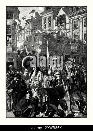 Una vecchia incisione di re Guglielmo III in una processione trionfale a Whitehall, Londra, Inghilterra, Regno Unito nel 1697, dopo che il Trattato di Ryswick pose fine alla Guerra dei nove anni. È tratto da un libro di storia vittoriana del 1900 circa. La guerra dei nove anni fu un conflitto di potenza europeo tra il 1688 e il 1697 tra la Francia e la grande Alleanza. Sebbene in gran parte concentrati in Europa, i combattimenti si diffusero nei possedimenti coloniali nelle Americhe, in India e nell'Africa occidentale. Foto Stock