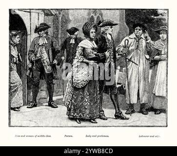 Un'antica incisione di abbigliamento tipico indossato tra l'inizio e la metà degli anni '1700 nella Reggenza Britannica. È tratto da un libro di storia vittoriana del 1900 circa. Qui un gruppo di classi diverse lascia la chiesa. Le donne indossavano spesso un abito "sackback" sviluppato dai morbidi abiti sottoveste del XVII secolo. Era fatta di seta decorata e aveva polsini simili ad ali. Per un abito formale, indossava seta riccamente broccata o ricamata. I signori indossavano abiti intelligenti, con un cappotto aderente. Il panno semplice era ricamato su bordi e tasche, che sono sollevate al livello dell'anca. Foto Stock