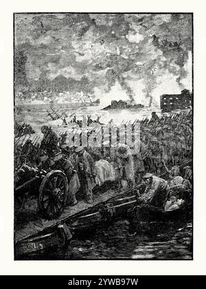 Una vecchia incisione dell'evacuazione russa di Sebastopoli (Sebastopoli), Crimea nell'agosto 1855. È tratto da un libro di storia vittoriana del 1900 circa. L'assedio di Sebastopoli durò dall'ottobre 1854 al settembre 1855, durante la guerra di Crimea (1853-1856). Durante l'assedio, la marina alleata intraprese bombardamenti della capitale. Il 27 agosto 60.000 gli alleati iniziarono l'ultimo assalto. Entro il 28 agosto le forze russe avevano abbandonato il lato meridionale di Sebastopoli. Anche se difeso eroicamente, la caduta di Sebastopoli avrebbe portato alla sconfitta russa nella guerra di Crimea. Foto Stock