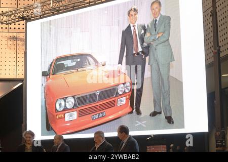 Torino, Italia. 7 dicembre 2024. Presentazione del libro di Cristiano Fiorio "Cesare Fiorio Stratosferico" al Museo Nazionale dell'Automobile di Torino, un momento della presentazione Foto Stock