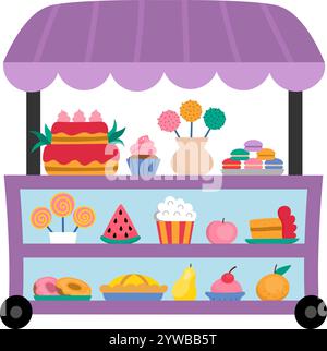 Carrello per snack vettoriali con ruote. Icona del negozio di caramelle. Illustrazione dei cartoni animati. Carrello per pasticceria o panetteria. Distributori automatici mobili o f Illustrazione Vettoriale