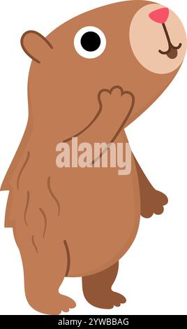 Icona Capybara vettoriale. Carino capibara in piedi sorpreso dagli occhi aperti. Divertente e felice illustrazione di un animale isolata su sfondo bianco. Comico alla moda Illustrazione Vettoriale