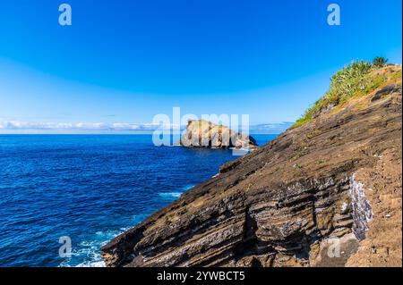 In estate, potrai ammirare gli affioramenti rocciosi verso l'isolotto Dog Face sull'isola di San Miguel nelle Azzorre Foto Stock