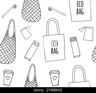 Modello vettoriale senza cuciture di diversi schizzi disegnati a mano sacchetti e accessori eco-compatibili a zero rifiuti isolati su sfondo bianco Illustrazione Vettoriale