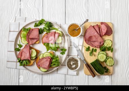 panini di manzo in scatola a fette sottili su pane tostato con cetriolo, lattuga su un piatto con ingredienti e senape su tagliere su lana bianca Foto Stock