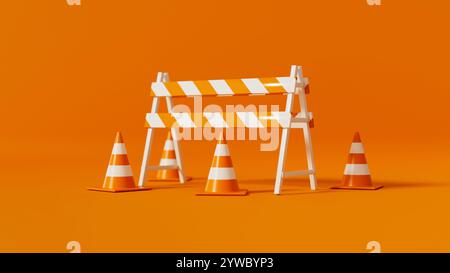 Coni stradali arancioni e barriera isolati su sfondo arancione. Avvertenza di sicurezza o simbolo di sottocostruzione. illustrazione di rendering 3d. Foto Stock
