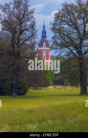 Bad Muskau, Germania - 3 maggio 2024: Bellissimo e maestoso castello di Hermann von Pückler al centro del parco Muskau con bellissime radure verdi intorno e. Foto Stock