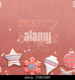 Ricami in stile natalizio "Merry and Bright" sul design delle cartoline natalizie Foto Stock