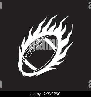 Palla da rugby con logo a forma di fuoco e fiamma. Palla da football americano fiammeggiante semplice illustrazione, vettore. Illustrazione Vettoriale