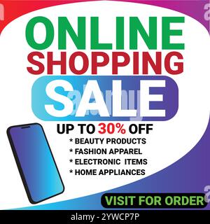 Sconti sugli acquisti online fino al 30% di sconto per l'ordine. Banner con smartphone e tema rosso-blu Illustrazione Vettoriale