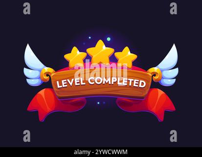 La risorsa o icona di gioco dei cartoni animati mostra un distintivo di livello completato con tre stelle splendenti, ali angeliche, tabellone di legno, scintille e nastro rosso, incarna il successo e la realizzazione di giochi e app mobili Illustrazione Vettoriale
