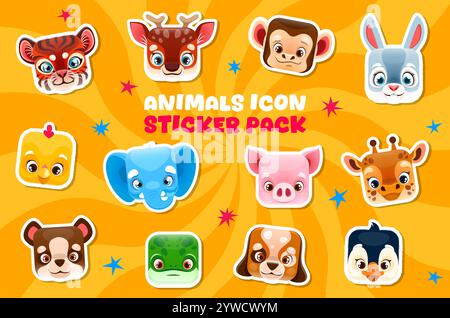 Pacco di adesivi con volti di animali quadrati confezione di cartoni animati simpatici personaggi degli animali domestici dello zoo, icone vettoriali. Animali carini affrontano adesivi quadrati di elefante con tigre e scimmia, pinguino e cane con maiale o orso e giraffa Illustrazione Vettoriale