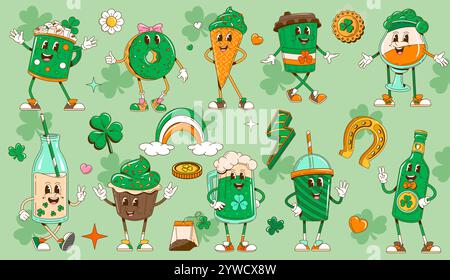 Personaggi e simboli delle festività natalizie di San Patrizio retrò a cartoni animati. Cibo e bevande divertenti di St. Patricks, personaggi vettoriali. Caffè irlandese, birra verde e cocktail, gelato, torta e shamrock Illustrazione Vettoriale