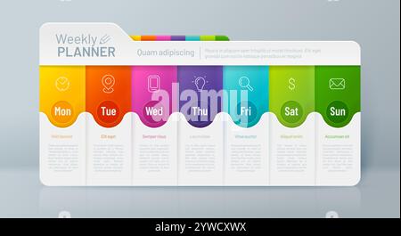 Infografica sulla timeline del pianificatore settimanale, pianificazione settimanale giornaliera, modello vettoriale di pianificazione o di fasi con moderni simboli grafici a linee. Tabella delle informazioni a colori degli orari settimanali della scuola o dell'azienda Illustrazione Vettoriale
