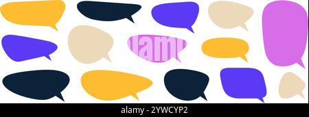 Raccolta di bolle vuote. Set di caselle di testo cartoni animati viola, giallo, nero. Pacchetto di fumetti con messaggi chat per poster, etichette, banner, badge, adesivi. Cornice per scarabocchi pop art o fascio di bordi. Vettore Illustrazione Vettoriale