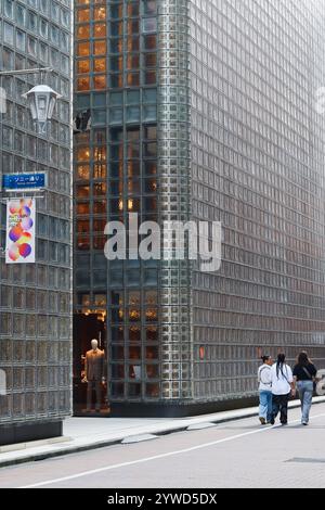 TOKYO, GIAPPONE - 27 ottobre 2024: Sony Street a Ginza con il lato di Maison Hermes Ginza. e uno striscione su un lampione. Foto Stock